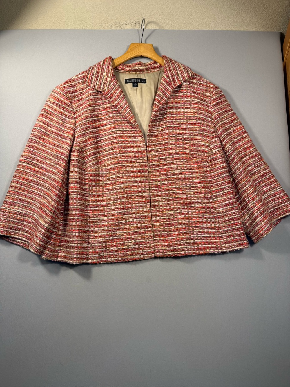 Lafayette 148 New York Tweed Jacket Cropped Wide Sleeve Pink Red Orange Size 16